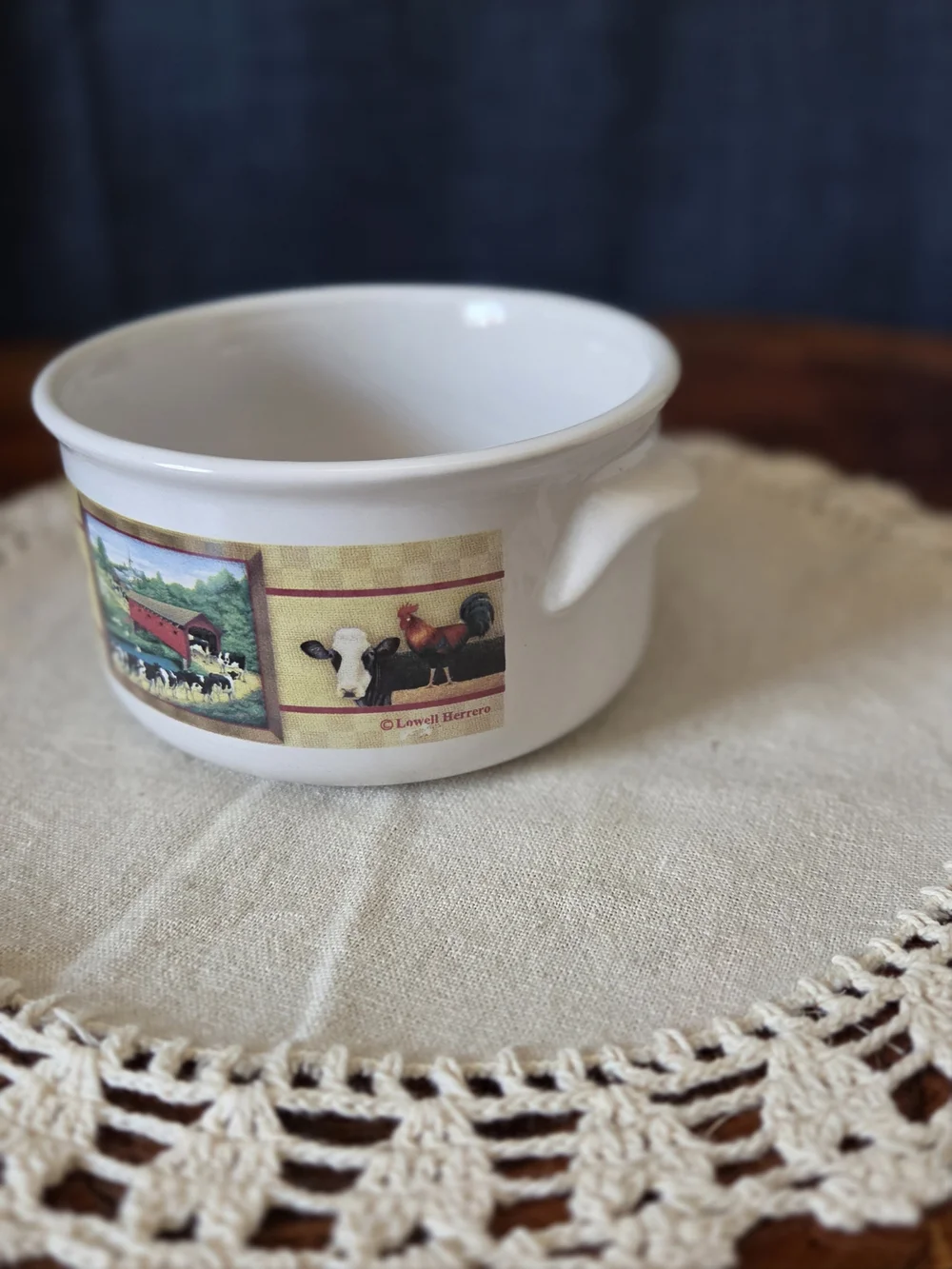Farmhouse Soup Crock Bowl with Handles | Covered Bridge & Cow Design